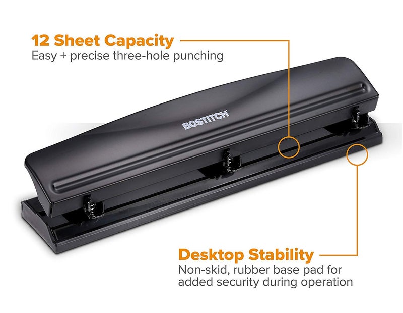 Bostitch Office 3 Hole Punch, Durable Metal,Rubber Base, 12 Sheets, Black - Image 2